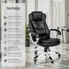 A black office chair is shown next to a white information panel detailing its features. Voir les images du produit