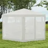 A cream-colored hexagonal gazebo with mesh sides sits on a green lawn, surrounded by trees and a distant mountain range. Produktbild-Vorschau