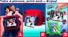 A three-panel collage showing the steps of using a Spiderman-themed instant camera: taking a picture, printing it, and decorating the photo with stickers. Voir les images du produit