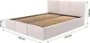 A white upholstered bed frame with a slatted base, shown with dimensions indicated by measurement lines and text. Produktbild-Vorschau