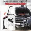 A collage showing a car engine lift in different configurations, with text overlays highlighting its features. Podgląd zdjęcia produktu