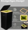 Collage of images showing a black trash can with a wooden rim and green interior, along with icons and text highlighting its features. Náhľad obrázku produktu