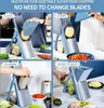 A collage of four images showing a multifunctional vegetable slicer and food chopper in use, demonstrating different cutting functions. Produktbild-Vorschau