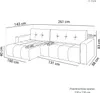 A line drawing diagram of a sectional sofa with dimensions and measurements indicated. Náhled obrázku produktu