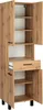 A tall, narrow cabinet with a wood grain finish and black handles, shown with its doors and a drawer open. Podgląd zdjęcia produktu