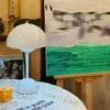 A white mushroom-shaped table lamp sits on a white lace tablecloth next to a yellow cheese-shaped candle. In the background, there is a painting on an easel and a tall yellow candle. Produktbild-Vorschau