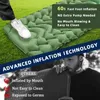 A person is using a foot pump to inflate a green sleeping mat on grass, with text overlays highlighting product features. Produktbild-Vorschau