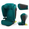 A collage of images showing a teal and gray child car seat from different angles. Produktbild-Vorschau
