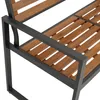 A close-up view of a garden bench made of wood and metal. Produktbild-Vorschau