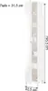A tall, narrow white cabinet with its door slightly ajar, revealing shelves stocked with various bottles and containers, likely bathroom or cleaning supplies. Dimensions are indicated by text overlays. Produktbild-Vorschau