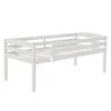 A white wooden bunk bed with guardrails and a slatted base, shown from a side angle against a white background. Náhled obrázku produktu