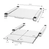 Two views of a white steel appliance stacking frame with pull-out shelf, showing dimensions. Náhľad obrázku produktu