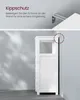 A white cabinet is shown in a corner, with a diagram illustrating how to secure it to the wall. Produktbild-Vorschau