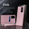 A pink flip case for a smartphone is displayed against a dark background, with text highlighting its features. Náhled obrázku produktu