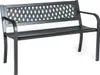 A black metal garden bench with a diamond pattern on the backrest, shown against a white background.