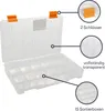 A clear plastic organizer box with multiple compartments, shown open with labels pointing out features. Voir les images du produit