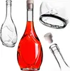 A collage of glass bottles, one filled with red liquid and corked, another empty, and close-ups of the bottle base and cork. Podgląd zdjęcia produktu