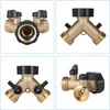 A collage of four images showing different views of a brass Y-shaped hose splitter with black handles. Produktbild-Vorschau