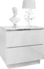 A white, glossy nightstand with two drawers, topped with a bust and a decorative lamp. Produktbild-Vorschau