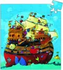 A colorful, cartoon-like illustration of a pirate ship filled with many small pirate characters, sailing on a blue, wavy sea under a bright blue sky. The image is presented as a jigsaw puzzle with one piece missing in the top right corner. Produktbild-Vorschau