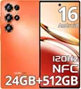 A marketing image of an orange smartphone, showing its rear camera array and a portion of its screen with feature callouts. Produktbild-Vorschau