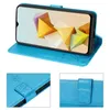 A collage of images showing a blue flip phone case with a phone inside, and close-ups of the case's closure and texture. Produktbild-Vorschau