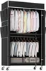 A portable wardrobe filled with clothes, organized on hanging rods and shelves, with side pockets and a bottom storage area containing two cases. The wardrobe has wheels for mobility. Produktbild-Vorschau