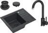 A black granite sink with a faucet and drain accessories is displayed against a white background. Produktbild-Vorschau