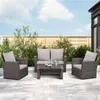 A patio set with a loveseat, two chairs, and a coffee table on a tiled patio with a wooden fence and greenery in the background. Produktbild-Vorschau