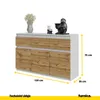 A white and wood sideboard with decorative items on top, shown with dimension lines. Náhľad obrázku produktu