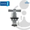 A close-up studio shot of a chrome faucet valve part with measurement indicators. Produktbild-Vorschau