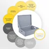 A diagram showcasing the features of a wooden storage box, with the product image in the center. Produktbild-Vorschau