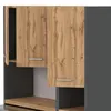 A close-up view of a modern kitchen cabinet set with a gray matte finish and wood-tone doors. Produktbild-Vorschau