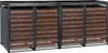 A four-unit trash bin enclosure with a dark brown wood-look front and a dark gray frame, set against a white background. Produktbild-Vorschau