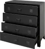A black metal dresser with four drawers, shown from a slightly angled front view. Náhled obrázku produktu