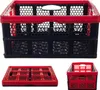 A collage of three images showing a foldable storage crate in different states: fully assembled, folded flat, and partially assembled. Produktbild-Vorschau