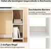 A white desk with a two-tiered shelf on the right side, showcasing its organization capabilities and a protective barrier feature. The image includes text in German highlighting the product's benefits. Anteprima dell’immagine prodotto