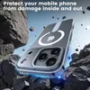 A clear phone case with a magnetic ring is shown falling amidst rocks, with text overlay advertising its protective qualities. Podgląd zdjęcia produktu