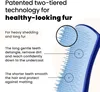 A close-up diagram illustrating the two-tiered technology of a pet grooming brush, highlighting its long and short teeth. Podgląd zdjęcia produktu