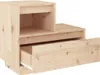A wooden nightstand with an open shelf and a drawer pulled out. Produktbild-Vorschau