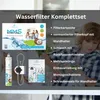 A marketing image for a water filter set, showing the product components and highlighting features with text. Produktbild-Vorschau