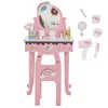 A pink toy vanity set with a mirror, stool, and various toy makeup accessories, all decorated with rainbows and hearts. Podgląd zdjęcia produktu