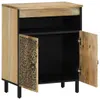 A wooden cabinet with carved doors and black legs, shown with one door open. Náhľad obrázku produktu
