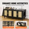 A black cabinet with rattan accents, designed as a cat litter box enclosure, is shown in a room setting. Insets below highlight features. Produktbild-Vorschau