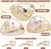 A collage of images showing a wooden climbing toy for children in different configurations and uses. Produktbild-Vorschau