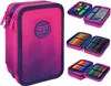 A collage of images showing a pink and purple gradient pencil case, both closed and open, with various stationery items inside. Anteprima dell’immagine prodotto