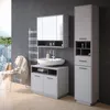 A modern bathroom with a vanity, sink, medicine cabinet, and tall storage cabinet. Produktbild-Vorschau