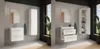 A split image showing a modern white bathroom vanity with a sink and drawers, and a tall white cabinet. The right side of the image shows the cabinet door open, revealing shelves with towels and bottles. Produktbild-Vorschau
