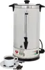 A stainless steel coffee urn with a cup of coffee and coffee beans in the foreground. Produktbild-Vorschau
