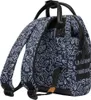 A close-up view of the back of a blue backpack with a white abstract pattern. Produktbild-Vorschau
